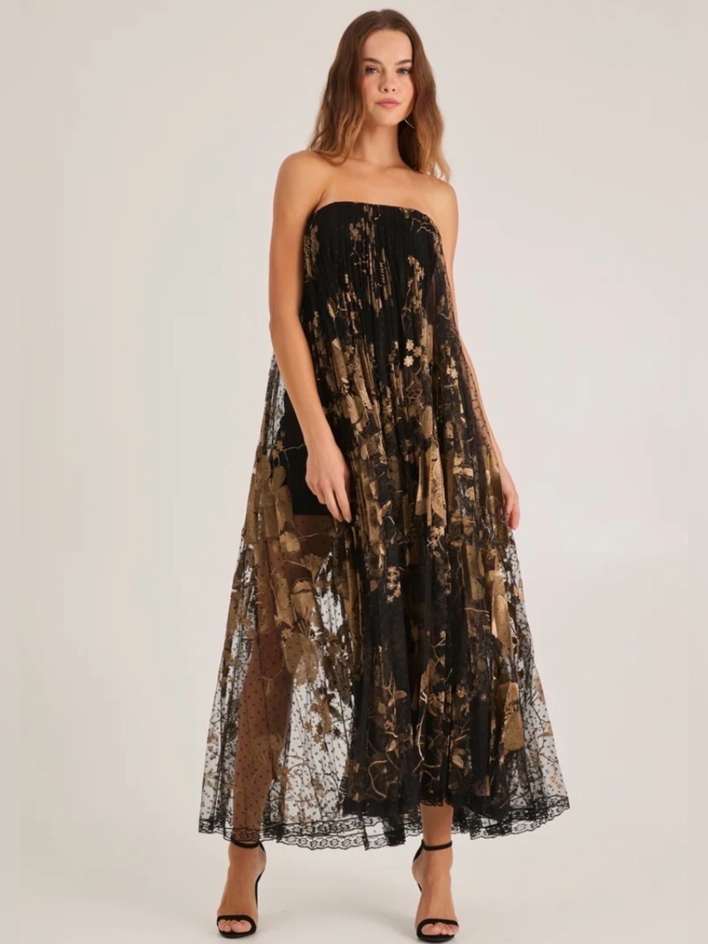 Helsi Delphine Metallic Floral Pleated Strapless Gown Black Gold Medium NWT